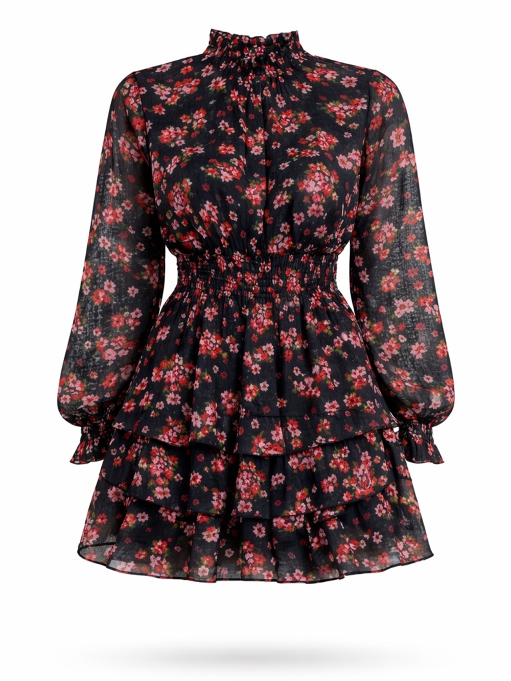 Floral Ruffle Tiered Mini Dress - Black with Pink Floral - Picture 5 of 11